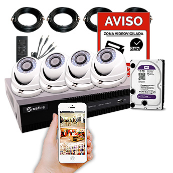 Kit de vigilancia de 4 cámaras Full HD con grabador (cable coaxial + duro 1TB + cartel) - tpvcenter